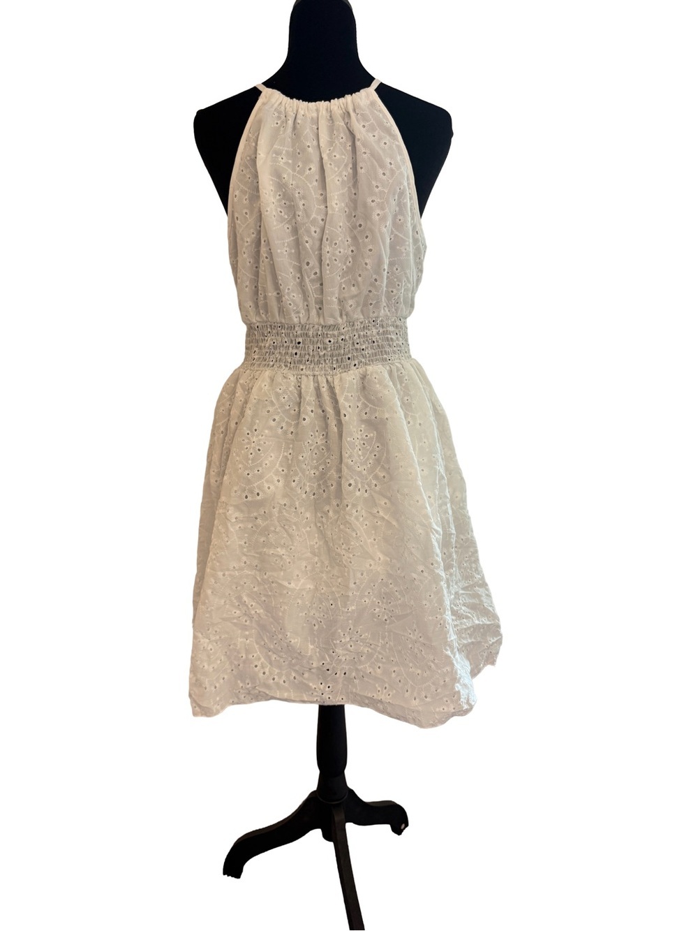 White Eyelet Halter Dress with Smocked Waist | Summer Bridal Shower Look